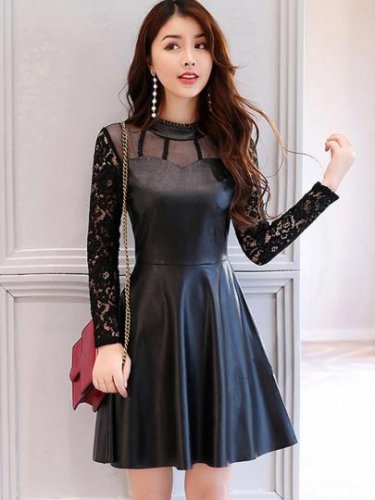 Black Pu Patchwork Women\'s Day Dress