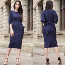 Plus-Size Womens three-quarter sleeve Lantern Sleeve Navy Blue Wear to Work With Belt Dress