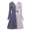 Autumn Dress Women Blue Casual Asymmetric Striped Patchwork Color Block Knee-Length V Neck Dress Fal