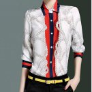 Blue  spring silk print color block formal elegant collar long-sleeve shirt female 8271