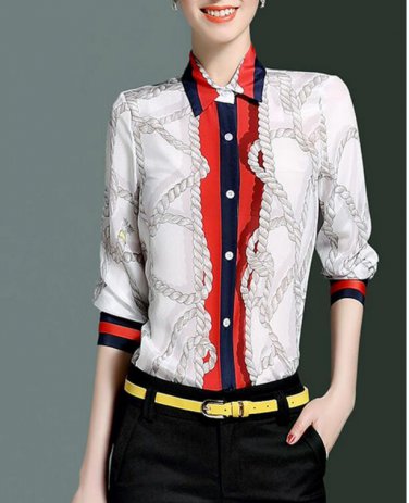 Blue  spring silk print color block formal elegant collar long-sleeve shirt female 8271