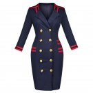 Blue Sexy Club Double-Breasted Color Block Knee-Length Fall Dress Straight Navy Style Dress Cotton B