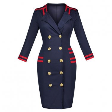 Blue Sexy Club Double-Breasted Color Block Knee-Length Fall Dress Straight Navy Style Dress Cotton B