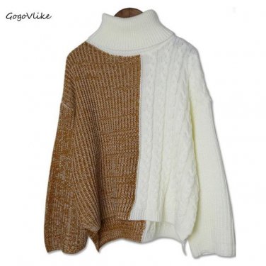 Casual Turtleneck Color Block Sweater  Women Street Pullover  Knit Clothing Autumn Irregular Casual 