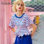 Clocolor women striped T shirts summer slim lace up falbala cotton girls tops causal round neck fash