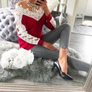 Free shipping color block casual t-shirt v-neck hollow out lace splicing long sleeve women fashion t
