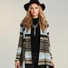 Queenus Autumn Sweater Women Gray Blue Patchwork Mid Length Cardigan Geometric Color Block Stripe Fa