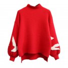 lantern sleeve red jumper vintage sweater Women\'s Clothing color block pullover female knitwear kni