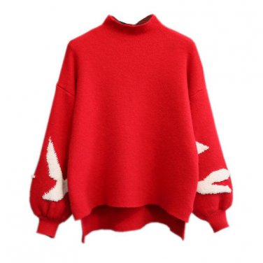 lantern sleeve red jumper vintage sweater Women\'s Clothing color block pullover female knitwear kni