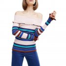 Women Color Block Stripe Tops Female Long Sleeve Off Shoulder Knitted Tops Ladies Country Style Swea