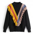 New Fashion Women Color Block Ruffles Long Sleeve Sweaters Ladies Black White Color Sweater Knitted 