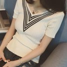 Free Shipping Korean V Collar Short Sleeve Color Block Slim Short Woman Knitwear Fashion Sweater