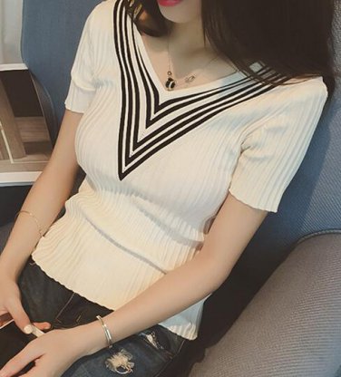 Free Shipping Korean V Collar Short Sleeve Color Block Slim Short Woman Knitwear Fashion Sweater