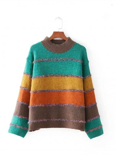 Glitter Seam Block Striped Sweater Striped Mock Neck Sweater Autumn High Collar Knitwear Sweater New