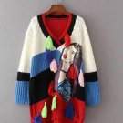Autumn Women Color Block Sweater Long Sleeve V Neck character Knitted Pullover Fashion Tassel Jumper