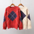 Women Fashion Tassel Sweater Female Loose Plaid Pullover Color block Casual Sweater