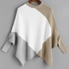 New Women Fashion Casual Long Sleeve Loose Color Block Crew Neck Cape Sweater