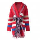 Cape Tassel Lapel Wool Coat Jacket Color Block Striped Knit Jumper Runway Poncho Cardigan Sweater Wo