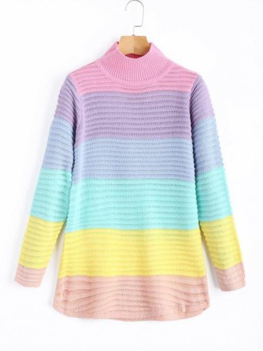 Mock Neck Color Block Tunic Sweater Fashion High Collor Sweater Cute Long Sleeve Stripe Sweater Casu