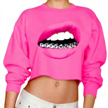 Loose Short Red Lip Print Color Block Striped Women Pullover O-neck Long  Sleeve  Top Style Cotton F