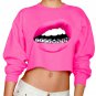 Loose Short Red Lip Print Color Block Striped Women Pullover O-neck Long  Sleeve  Top Style Cotton F