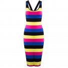 Stylish Womens Sexy Dress Round Collar Sleeveless Stripe Color Block Sheath Knit Sundress for Women