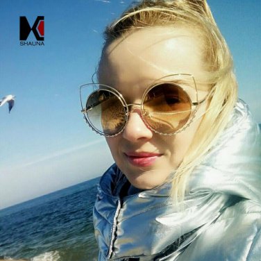 Luxury Crystal Decoration Hollow Out Metal Frame Women Cateye Sunglasses Fashion Ladies Gradient/Ref