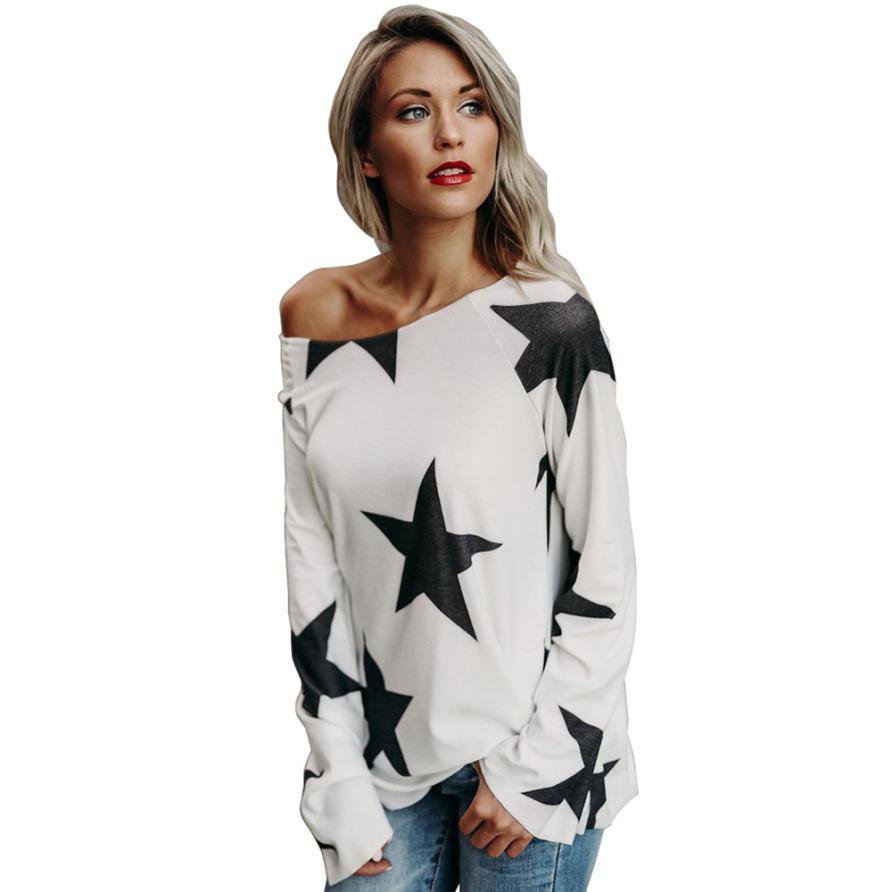 Autumn Blouse Sexy Women Girl Off Shoulder Strapless Star Printed Jumper Pullover Tops Casual Long S