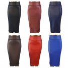 free shipping women office skirt high-waist faux leather pencil skirt black sexy elastic below knee 