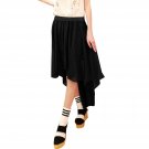 Women Elastic Waist High Low Hem Chiffon Midi Skirt Black M