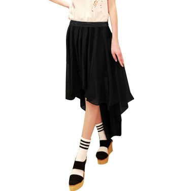 Women Elastic Waist High Low Hem Chiffon Midi Skirt Black M