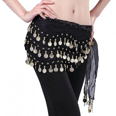 Chiffon Belly Dance Waistband Hip Scarf Skirt Dangling Golden Tone Alloy Coins Belt