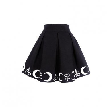 Harajuku Punk Rock Gothic Summer Women Skirt Moon Print Hight Waist Mini Skirt Pleated Tutu Skirt
