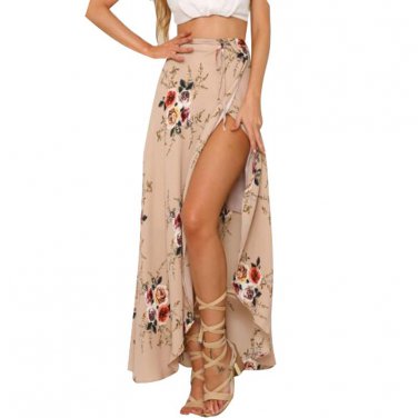 Women White Irregular Long Skirt 2017 Summer Boho Vintage Floral Print Side Slit Wrap Maxi Skirt Gir