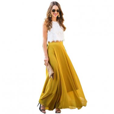 2017 New Long Maxi Chiffon Skirts Women High Waist Skirts Ladies Elegant Floor Length Pleated Full S