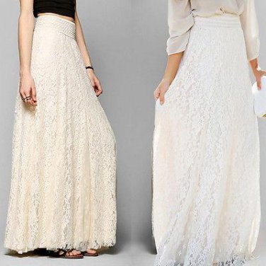2017 NEW Women Double Layer Chiffon Pleated Retro Skirts Long Maxi Elastic Waist Elegant Lace Skirt