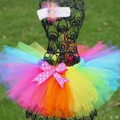 Rainbow Color Girls Tutu Skirts Baby Handmade Tulle Pettiskirt with Dots Bow and Flower Headband Kid