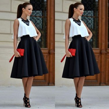 Vintage 2Pcs Set Women Stretch High Waist Skater Flared Pleated Swing Long Black Skirt White Vest To