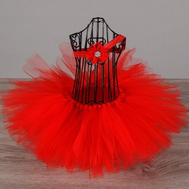Hot Baby Red Tutu Skirts Infant Girl 100% Handmade Tulle Ballet Pettiskirts with Flower Headband Kid
