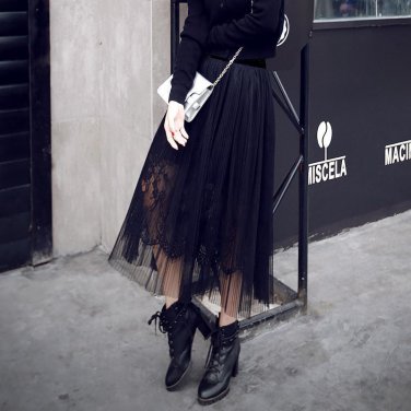 Plus Size  2017 New Hot Spring Summer Autum\'n Europe and America Lace Skirt Long Perspective Waist 