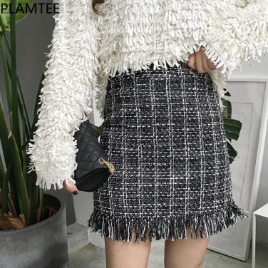 PLAMTEE 2017 Autumn Tassel Plaid Weave Skirts Womens New Fashion High Waist A-Line Saia Slim Pack Hi