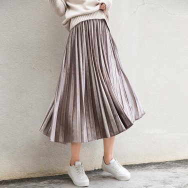 (With lining) Korean velvet pure blue retro long pleated skirt pleated skirt