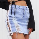 Glamaker Washed denim side lace up women skirt Hollow out fashion pencil skirt Short streetwear casu
