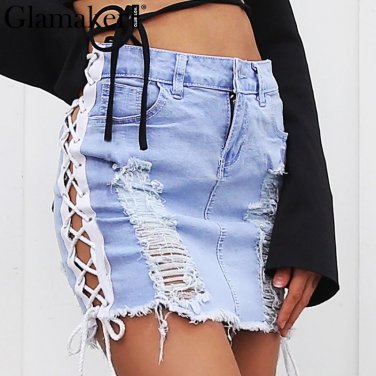 Glamaker Washed denim side lace up women skirt Hollow out fashion pencil skirt Short streetwear casu