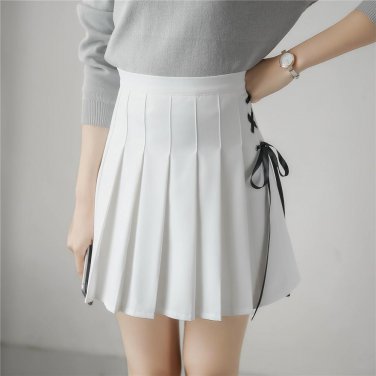 Real shot 2018 Korean new spring and summer college style wind band bow pleated half skirt pants hig