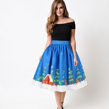 3D Snowman Christmas Print Cosplay Pleated Skirts Women High Waist Knee Length Streetwear Midi Skate