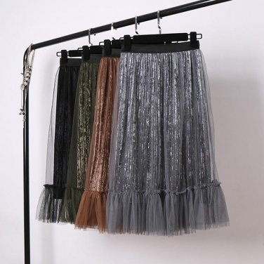 Hot 2017 Winter Spring High Waist Velvet Pleated Skirts Women Vintage Velour Maxi Skirt Ladies Korea
