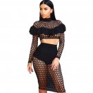 YJSFG HOUSE Sexy Summer Hollow Out Crop Top And Skirts Two Piece Set 2017 Women Ruffled Long Sleeve 