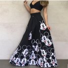 Summer Women Striped A-line Long Skirts Elastic High Waist Kawaii Mickey Maxi Skirt Female Elegant P