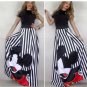 Summer Women Striped A-line Long Skirts Elastic High Waist Kawaii Mickey Maxi Skirt Female Elegant P
